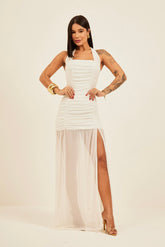 Vestido longo tule franzido Cristiane